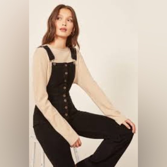 Reformation Cassidy Black Corduroy Overalls Square Neck Relaxed Fit Size 10 - Picture 3 of 11